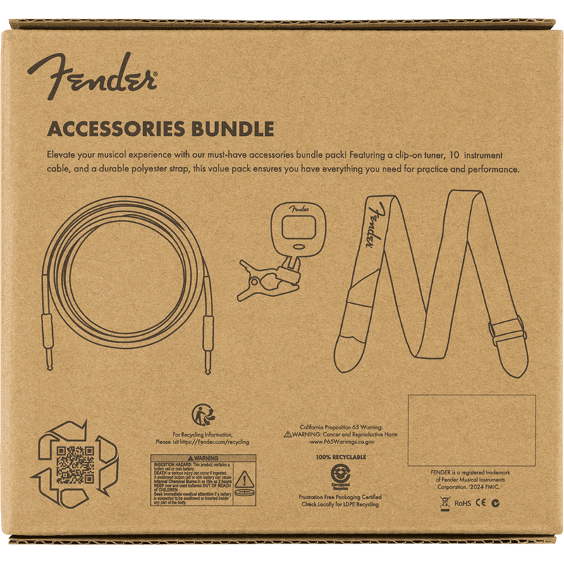Fender Accessory Essentials Pack - Cable, Clip-On Tuner + Strap - Image 2