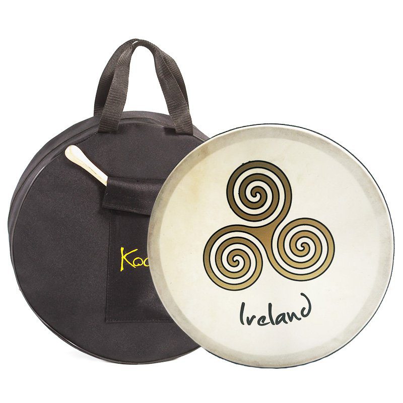 Koda Irish Bodhran - 16" - With Beater + Bag - Newgrange Swirl Gold